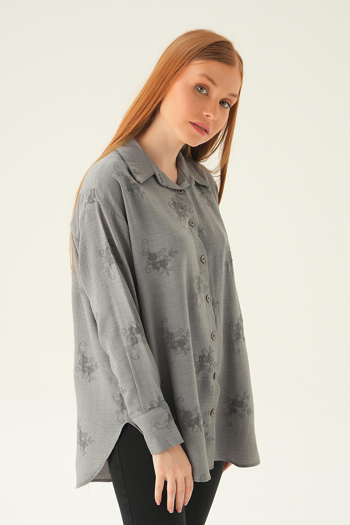 Gri Nakışlı Gömlek 26528 - 3