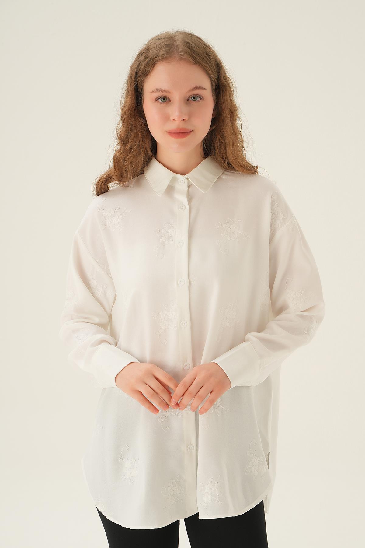 26528 Nakışlı Gömlek Krem - 3