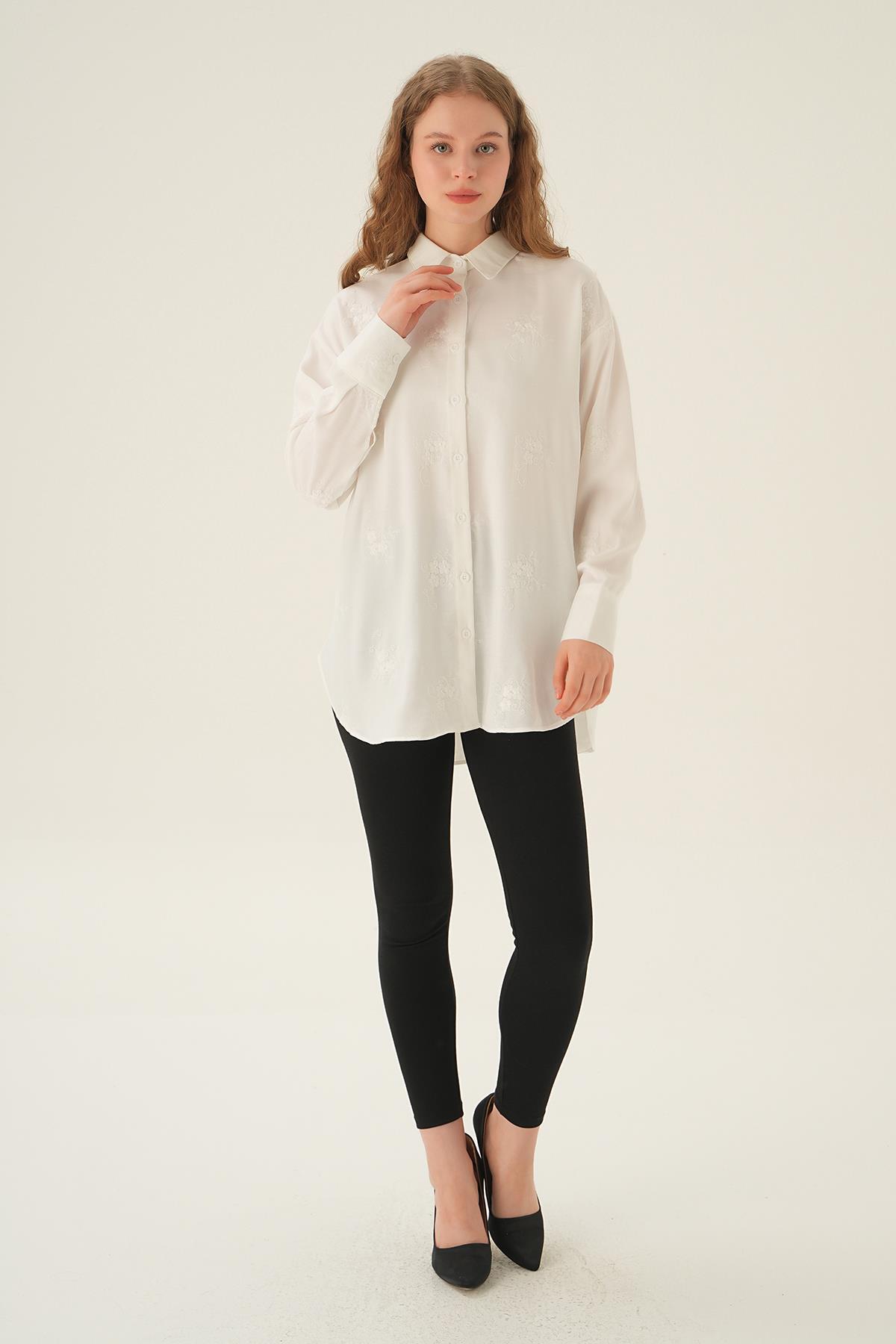 Krem Nakışlı Gömlek 26528 - 2