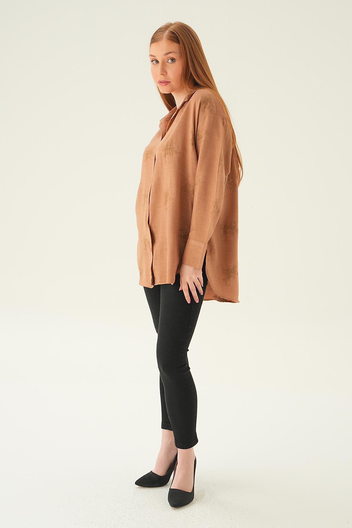 26528 Nakışlı Gömlek Vizon - 2