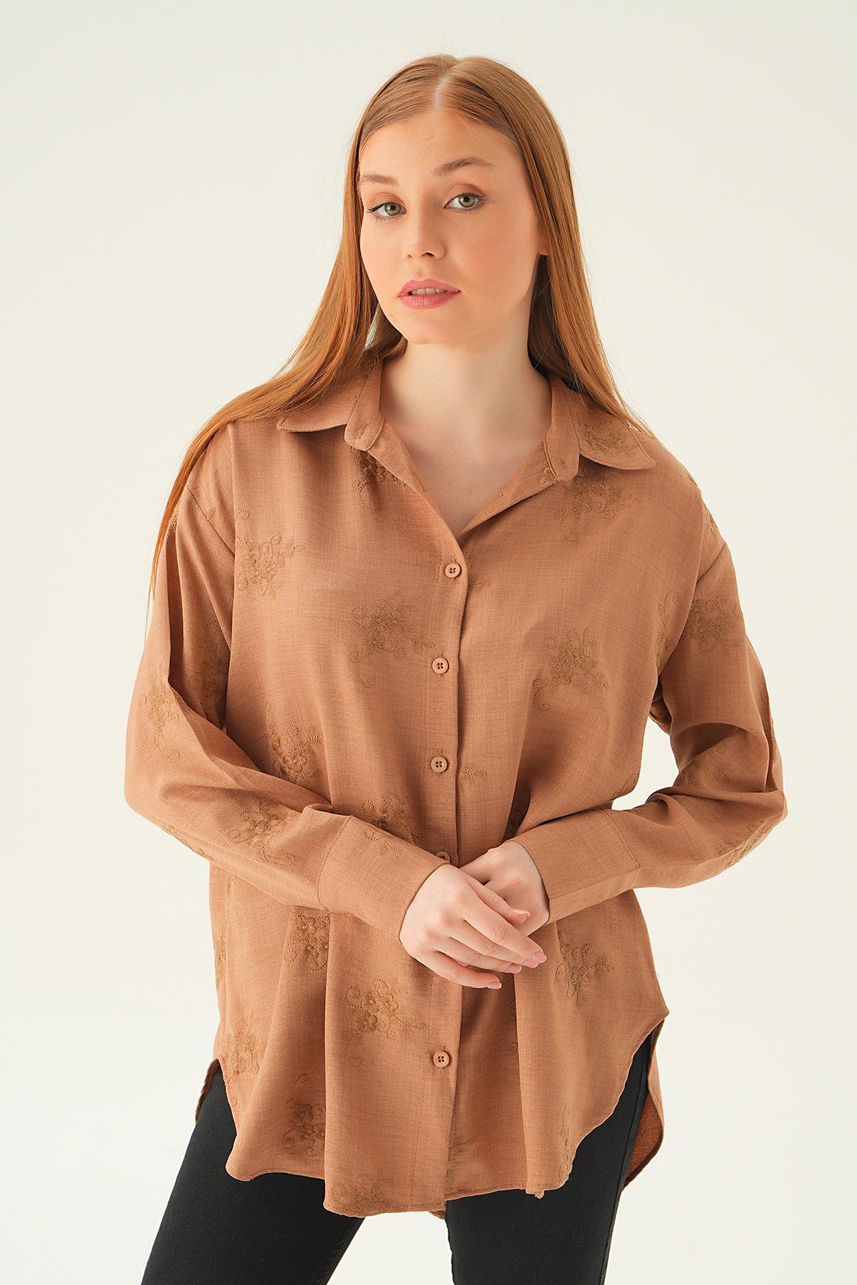 26528 Nakışlı Gömlek Vizon 