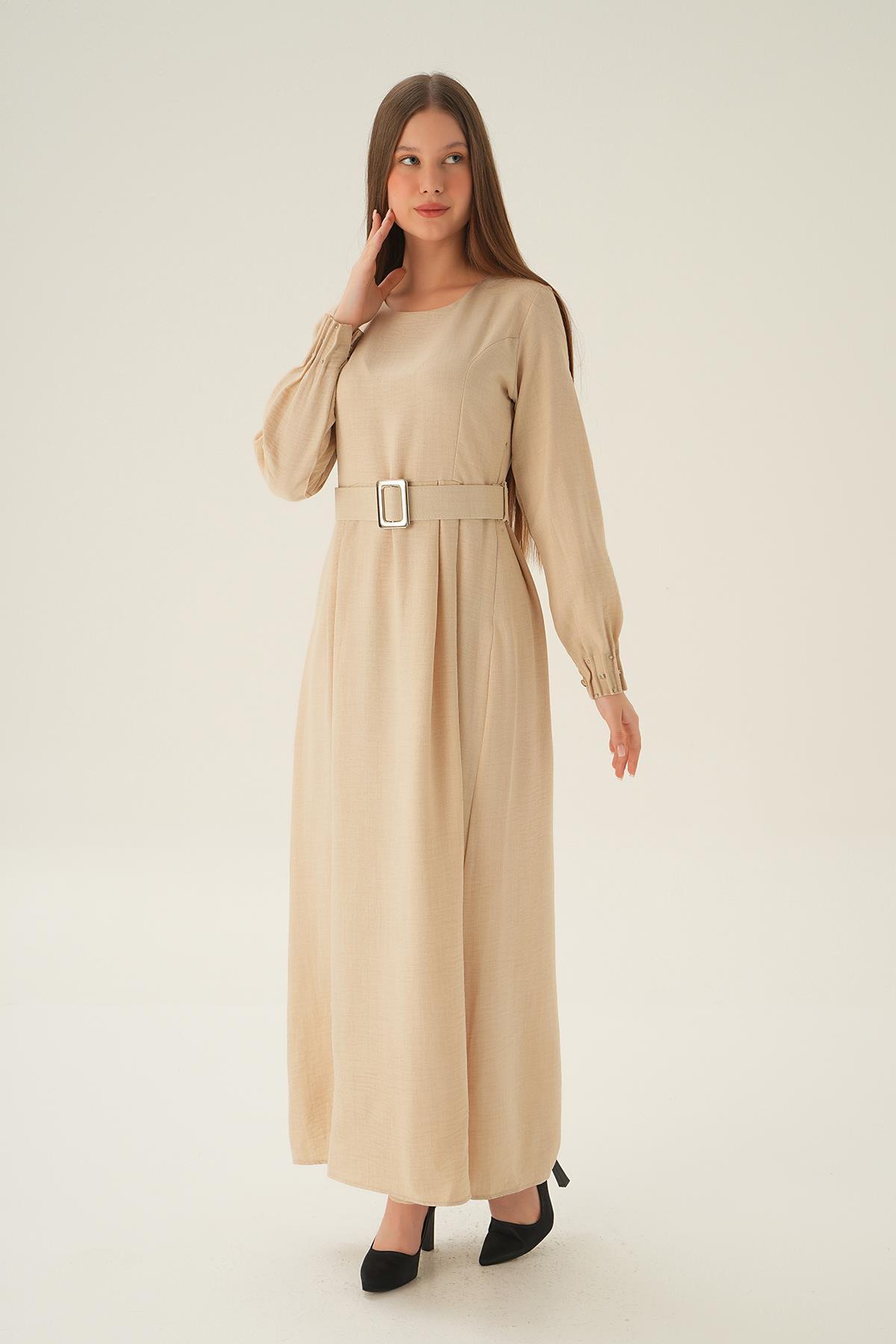 Bej Kol Drape Detay Kemerli Elbise 2659 - 2