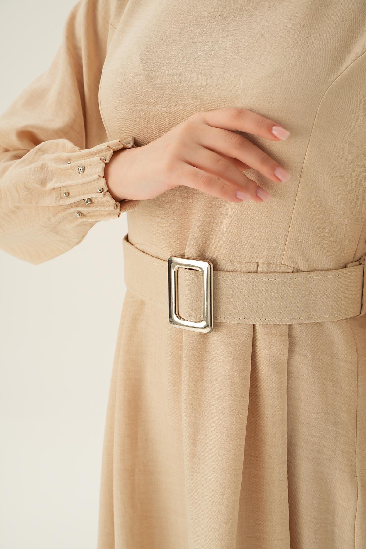 Bej Kol Drape Detay Kemerli Elbise 2659 - 5