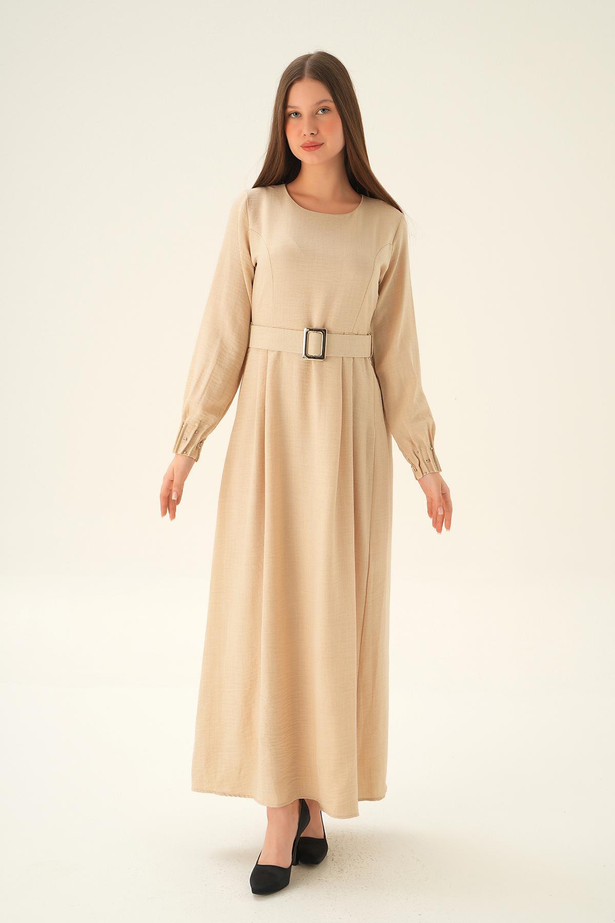 Bej Kol Drape Detay Kemerli Elbise 2659 - 6