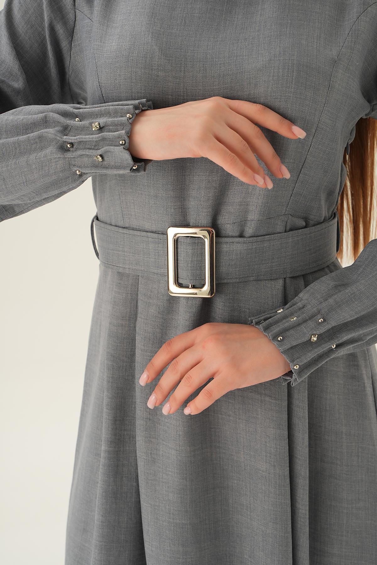 Gri Kol Drape Detay Kemerli Elbise 2659 - 5