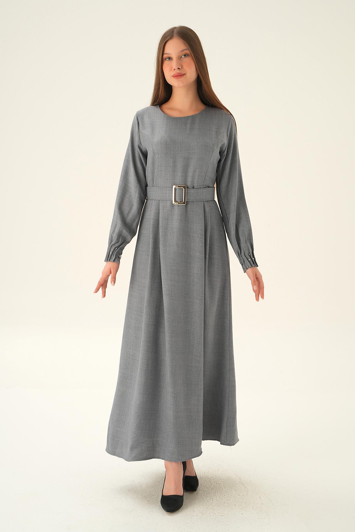 Gri Kol Drape Detay Kemerli Elbise 2659 - 6
