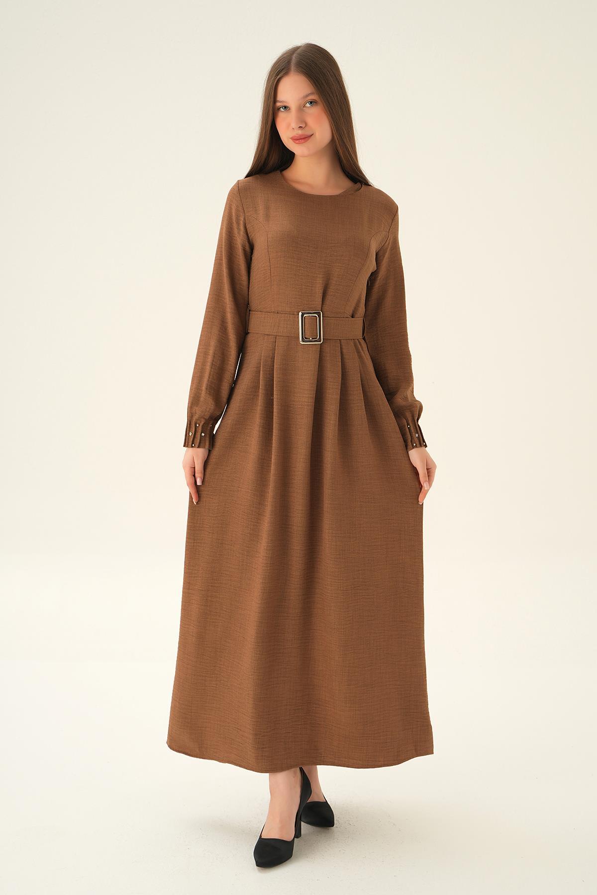 2659 Kol Drape Detay Kemerli Elbise Kahve - 2