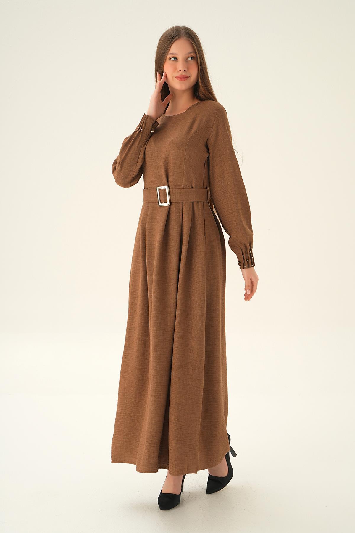 Kahve Kol Drape Detay Kemerli Elbise 2659 - 3