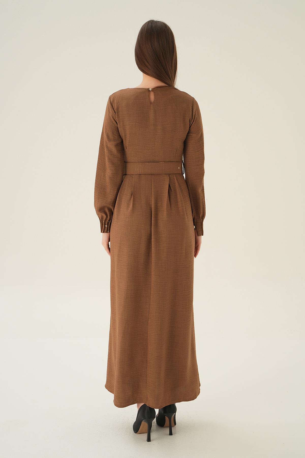 Kahve Kol Drape Detay Kemerli Elbise 2659 - 5