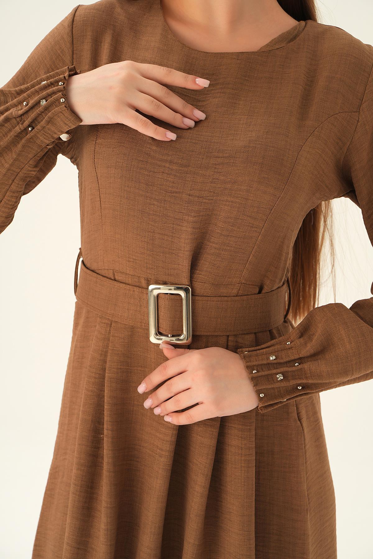 Kahve Kol Drape Detay Kemerli Elbise 2659 - 6