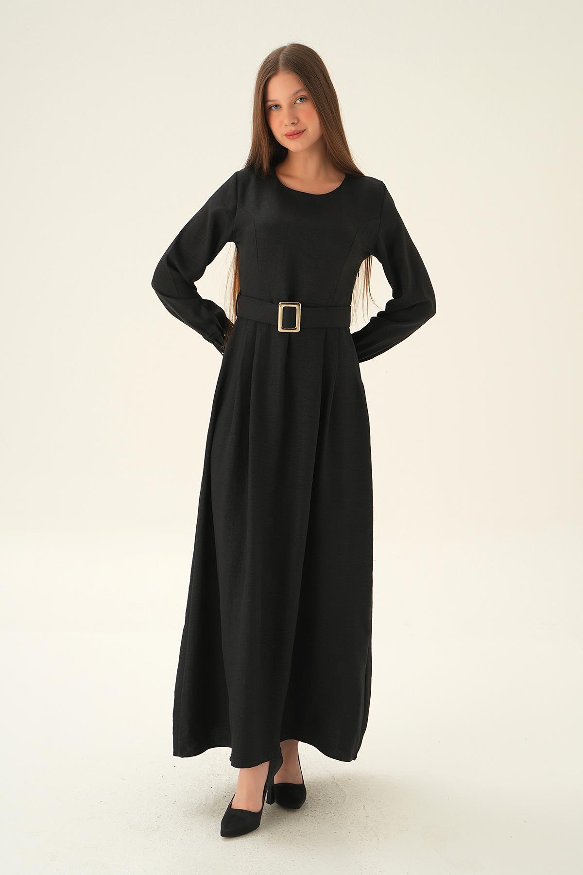 Siyah Kol Drape Detay Kemerli Elbise 2659 - 1