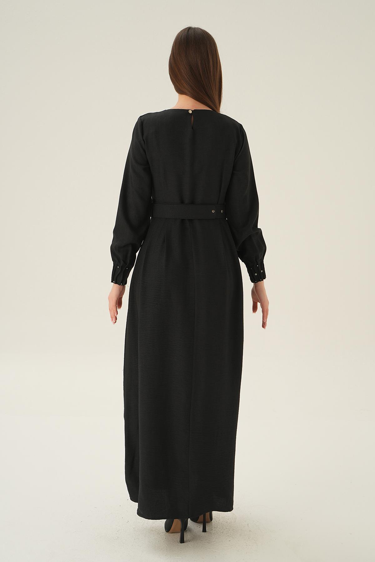 Siyah Kol Drape Detay Kemerli Elbise 2659 - 4