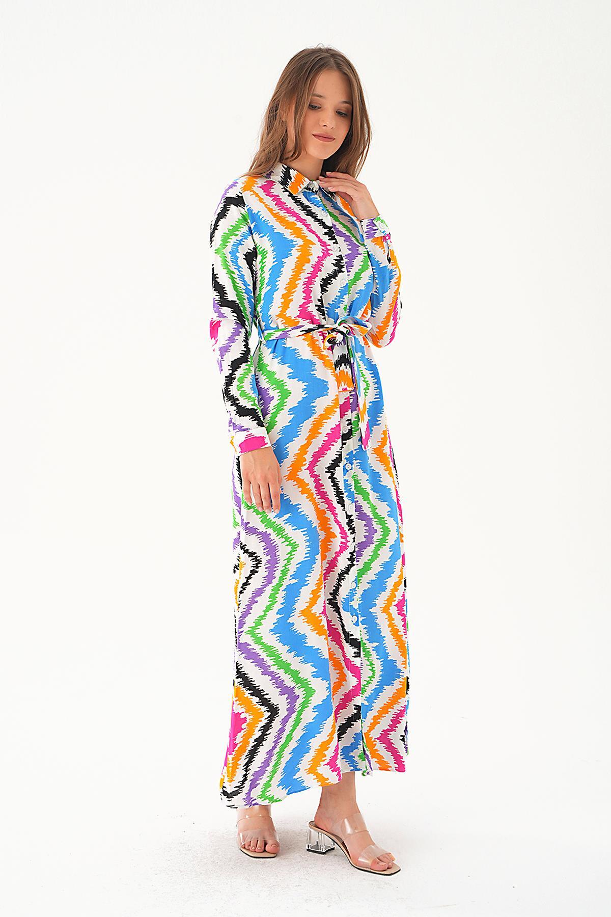 2683 Bel Bağlama Detay Desenli Elbise Beyaz - 2