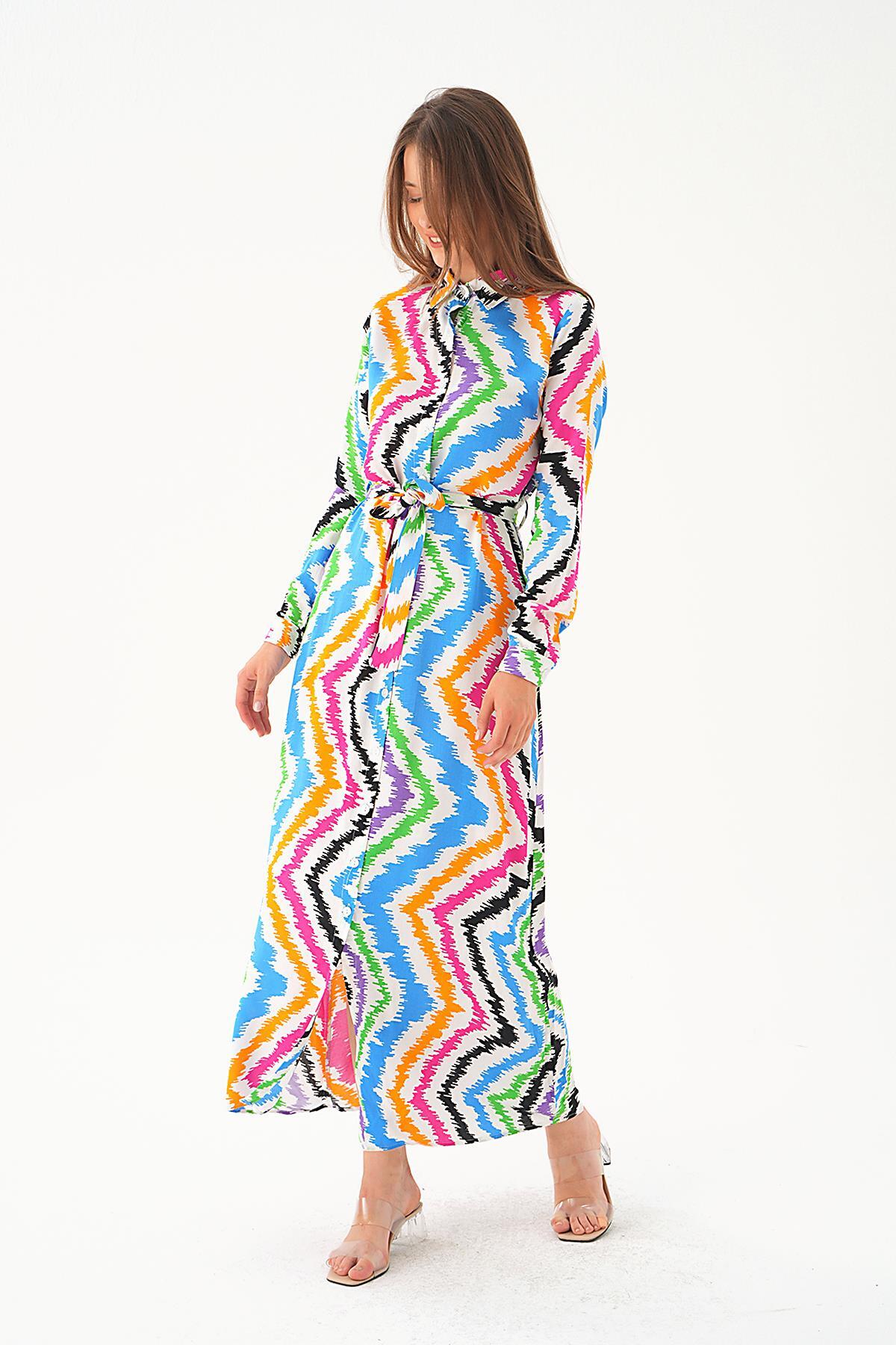 2683 Bel Bağlama Detay Desenli Elbise Beyaz - 4