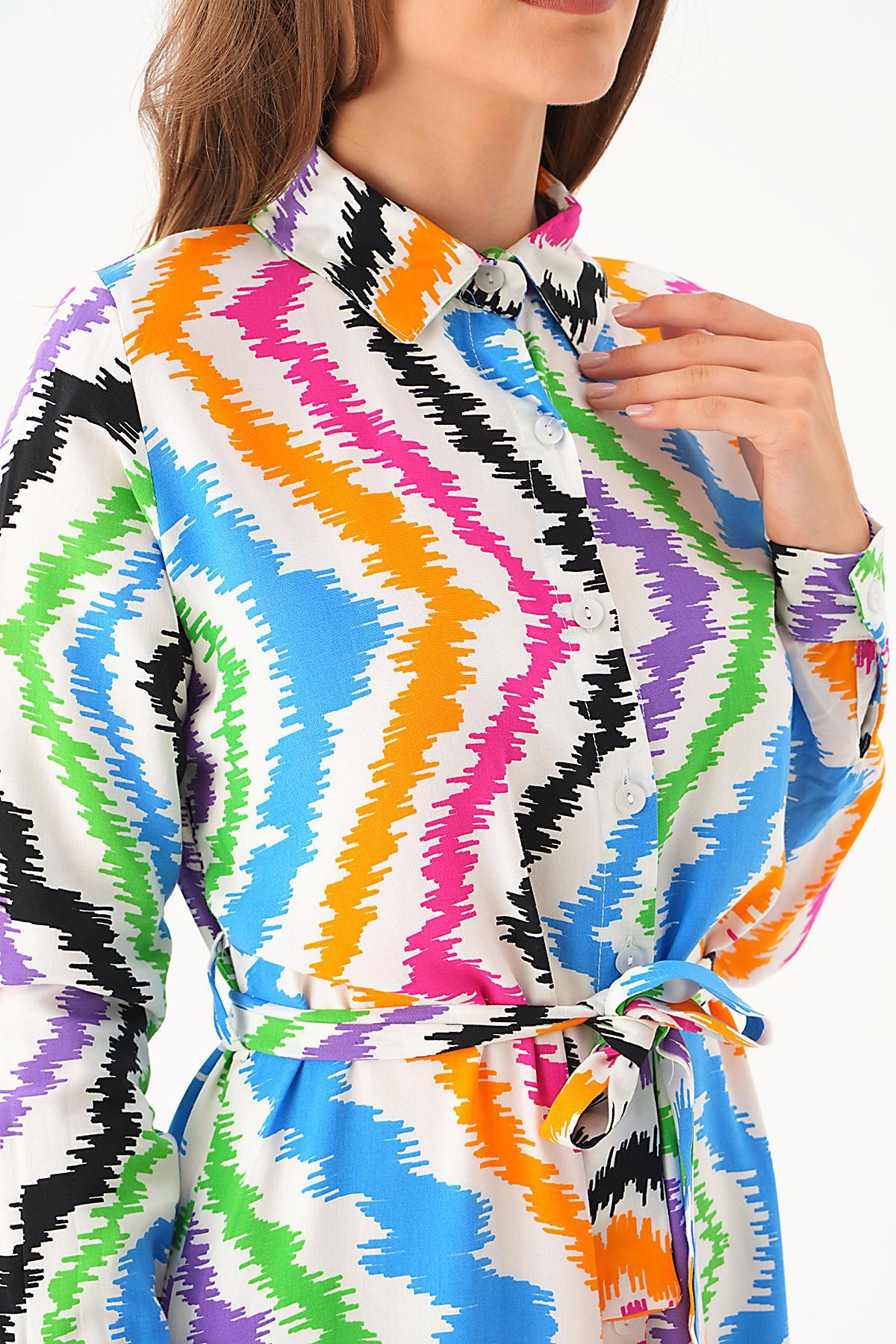 Beyaz Bel Bağlama Detay Desenli Elbise 2683 - 6