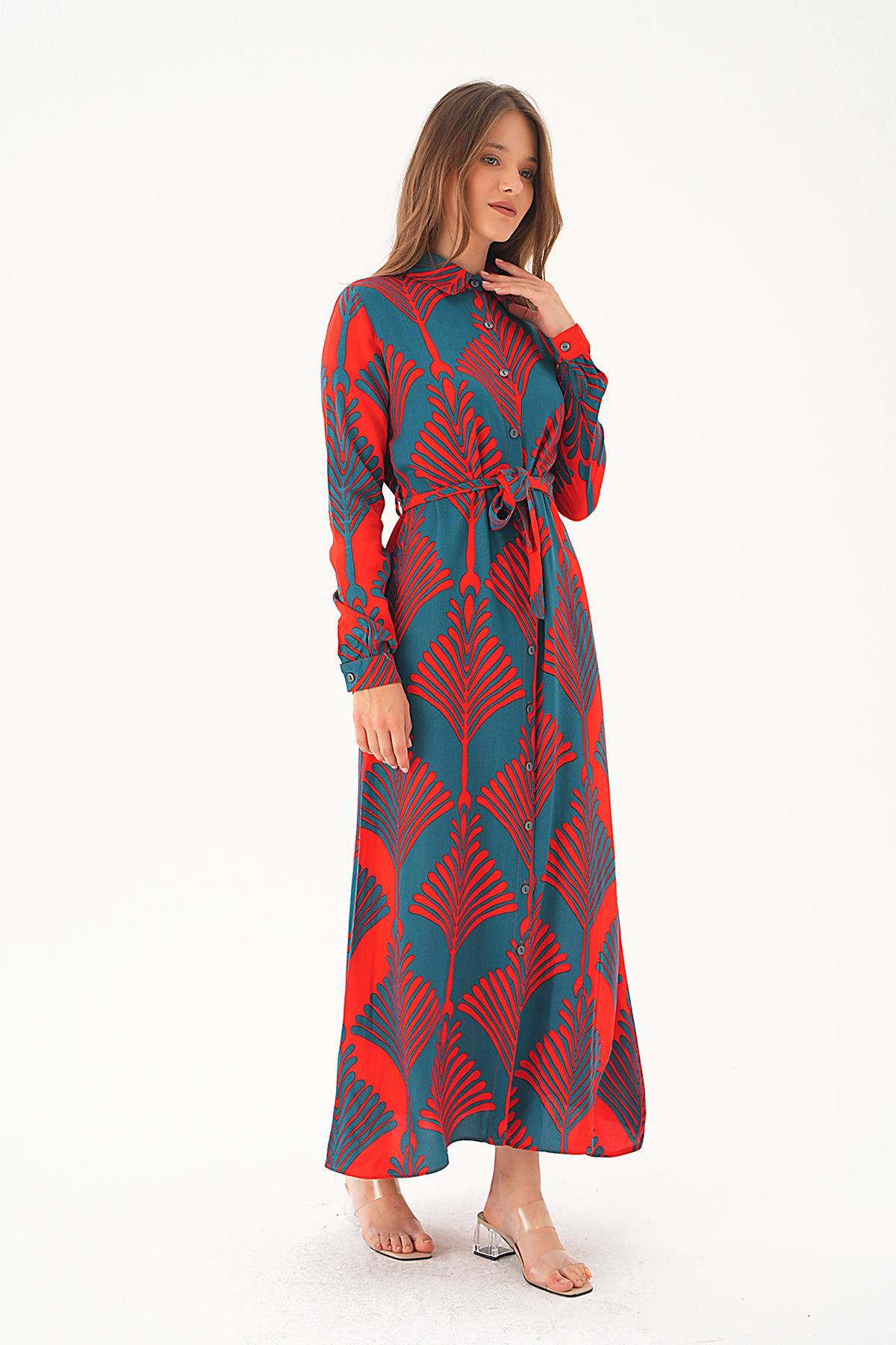 Nefti-Kırmızı Bel Bağlama Detay Desenli Elbise 2683 