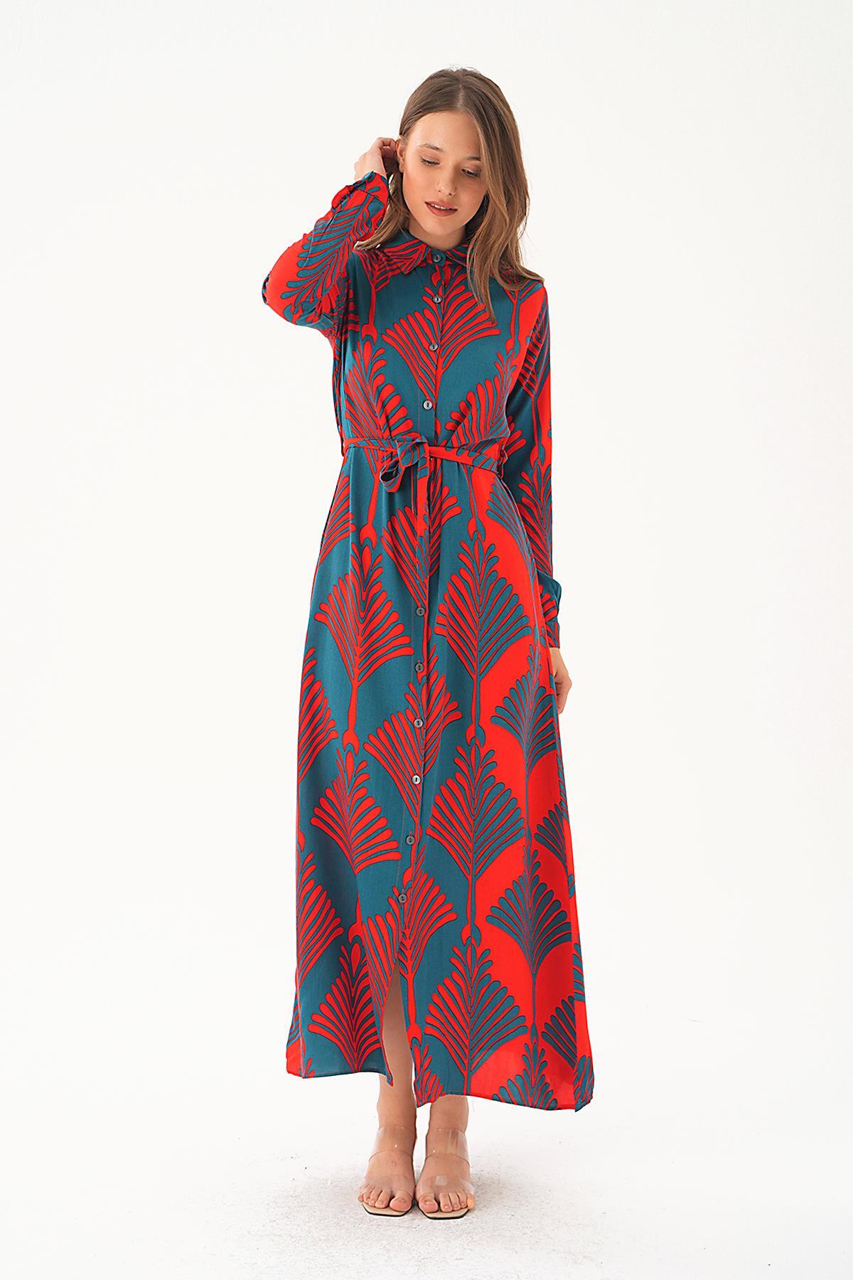 Nefti-Kırmızı Bel Bağlama Detay Desenli Elbise 2683 - 2