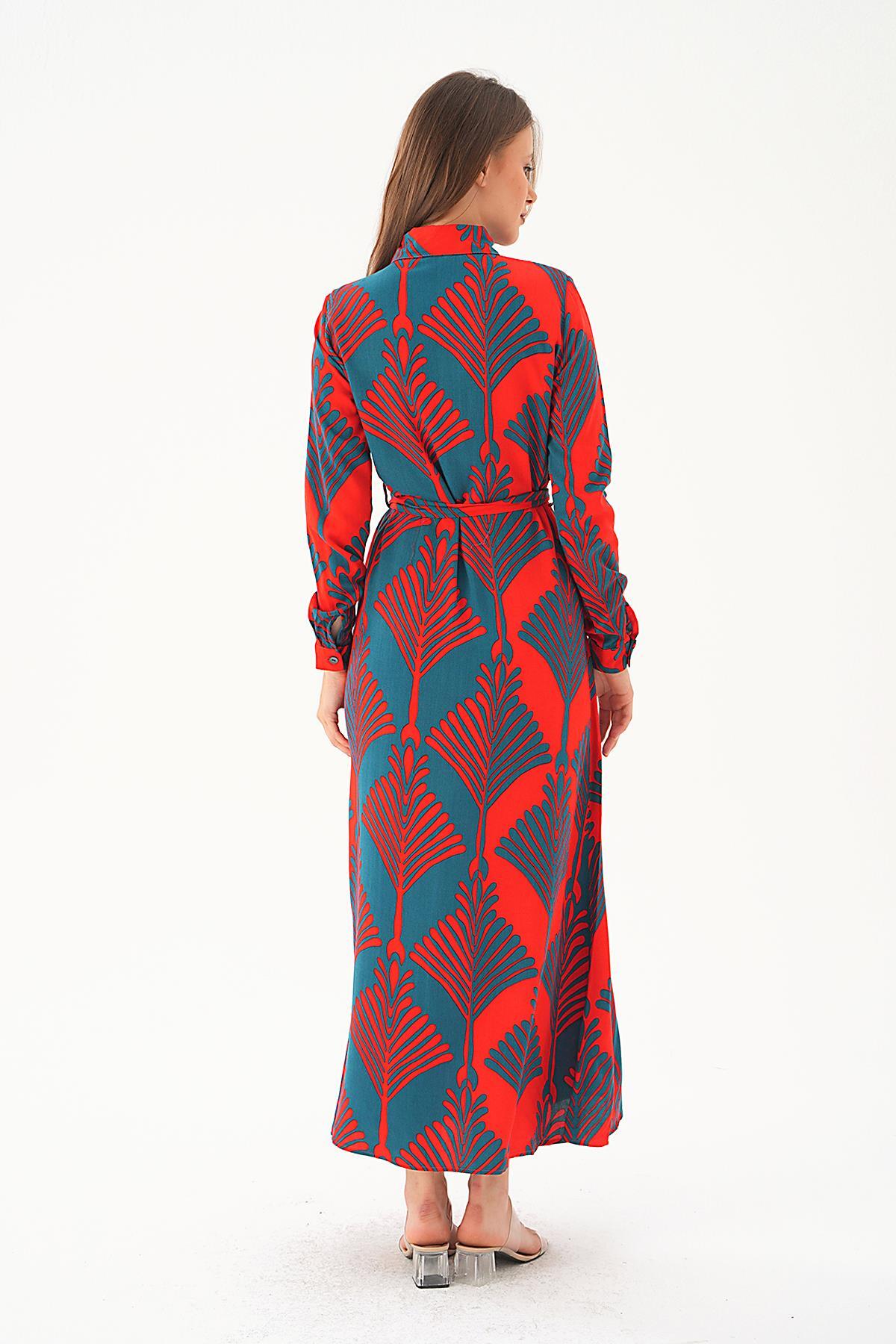 Nefti-Kırmızı Bel Bağlama Detay Desenli Elbise 2683 - 5