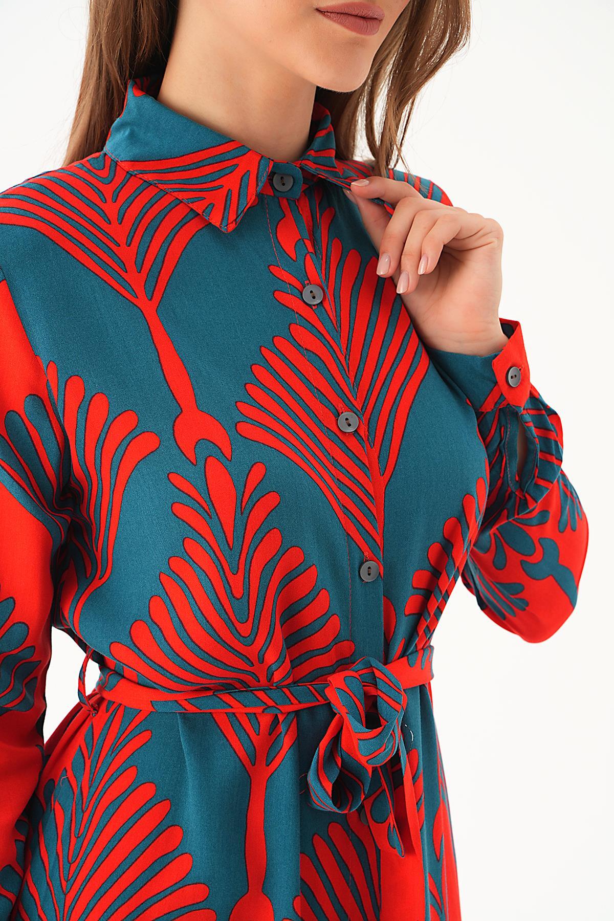 Nefti-Kırmızı Bel Bağlama Detay Desenli Elbise 2683 - 6