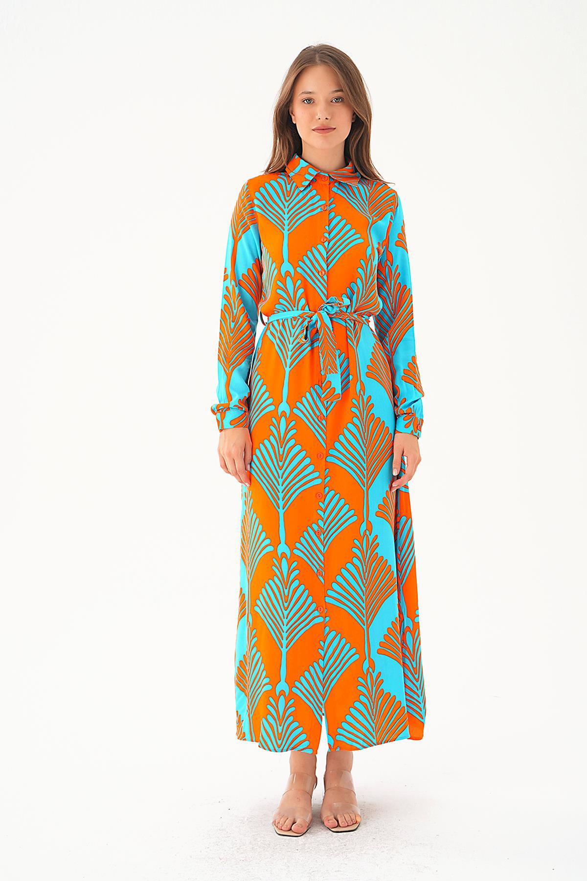 2683 Bel Bağlama Detay Desenli Elbise Orange-Mavi 