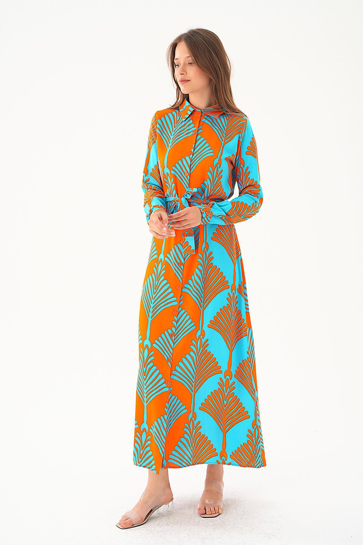 Orange-Mavi Bel Bağlama Detay Desenli Elbise 2683 - 3
