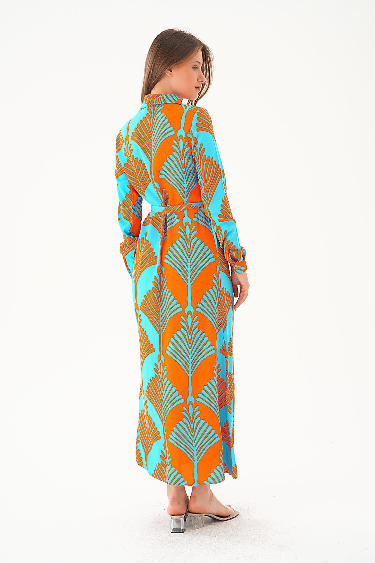 Orange-Mavi Bel Bağlama Detay Desenli Elbise 2683 - 5