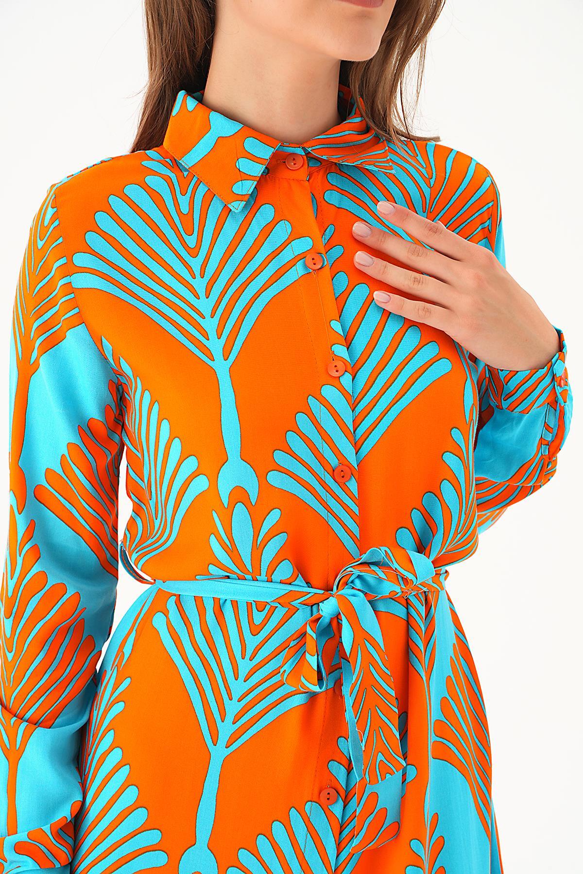 Orange-Mavi Bel Bağlama Detay Desenli Elbise 2683 - 6