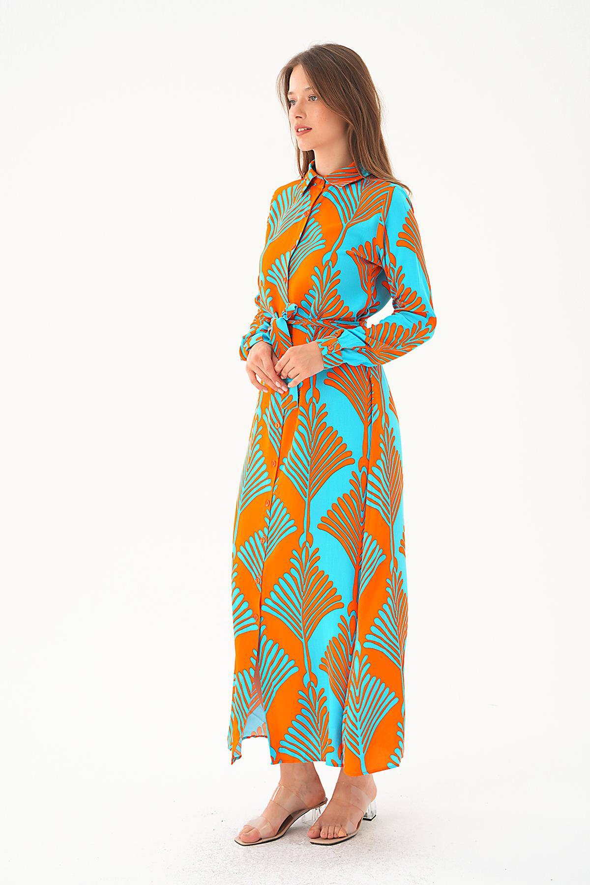 Orange-Mavi Bel Bağlama Detay Desenli Elbise 2683 - 2