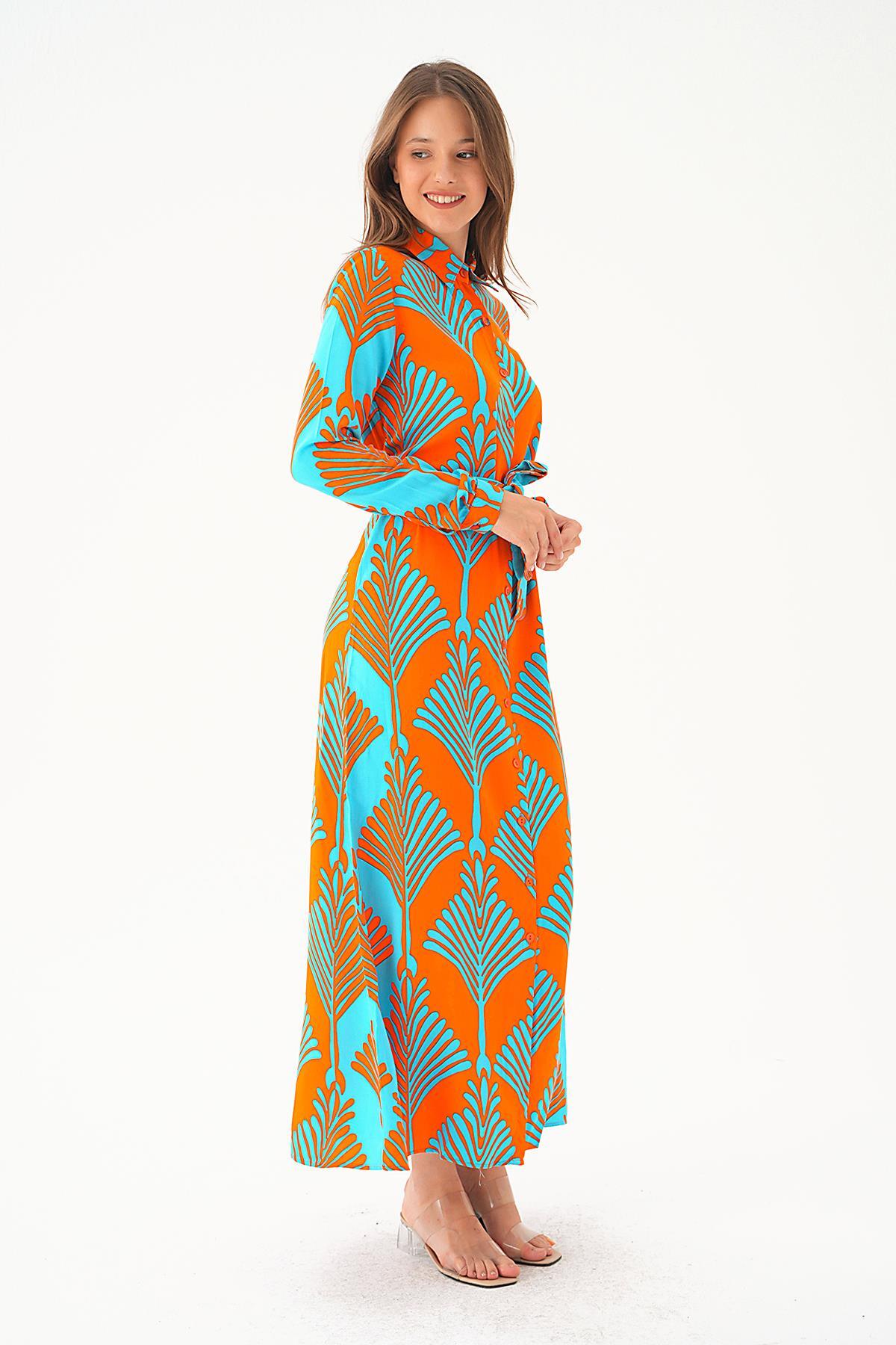 Orange-Mavi Bel Bağlama Detay Desenli Elbise 2683 - 4