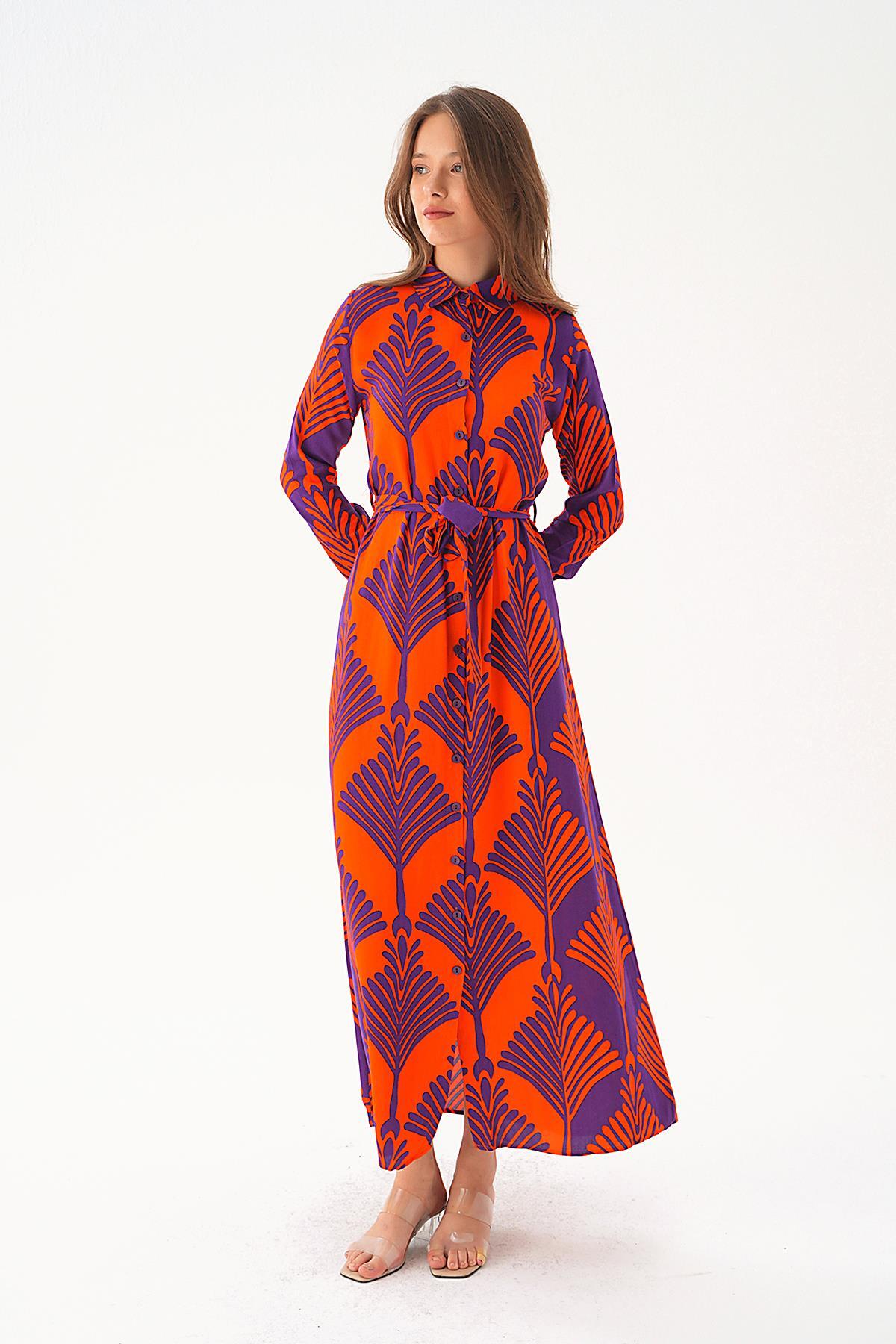 2683 Bel Bağlama Detay Desenli Elbise Orange-Mor 