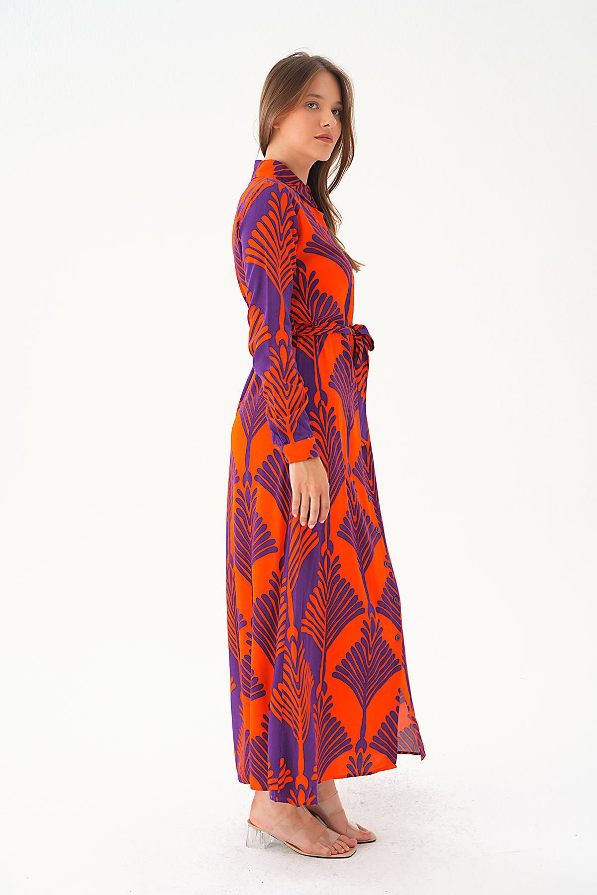 Orange-Mor Bel Bağlama Detay Desenli Elbise 2683 - 2