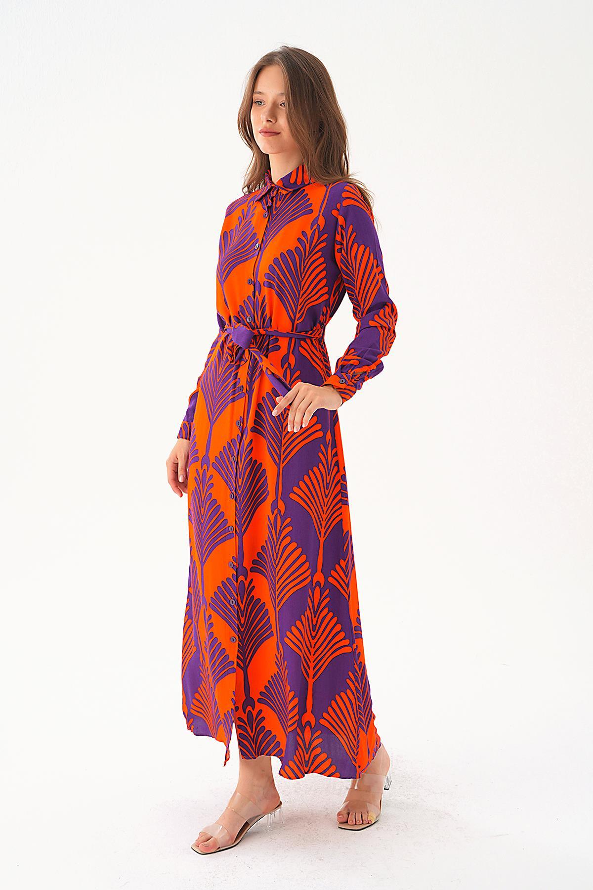 Orange-Mor Bel Bağlama Detay Desenli Elbise 2683 - 6