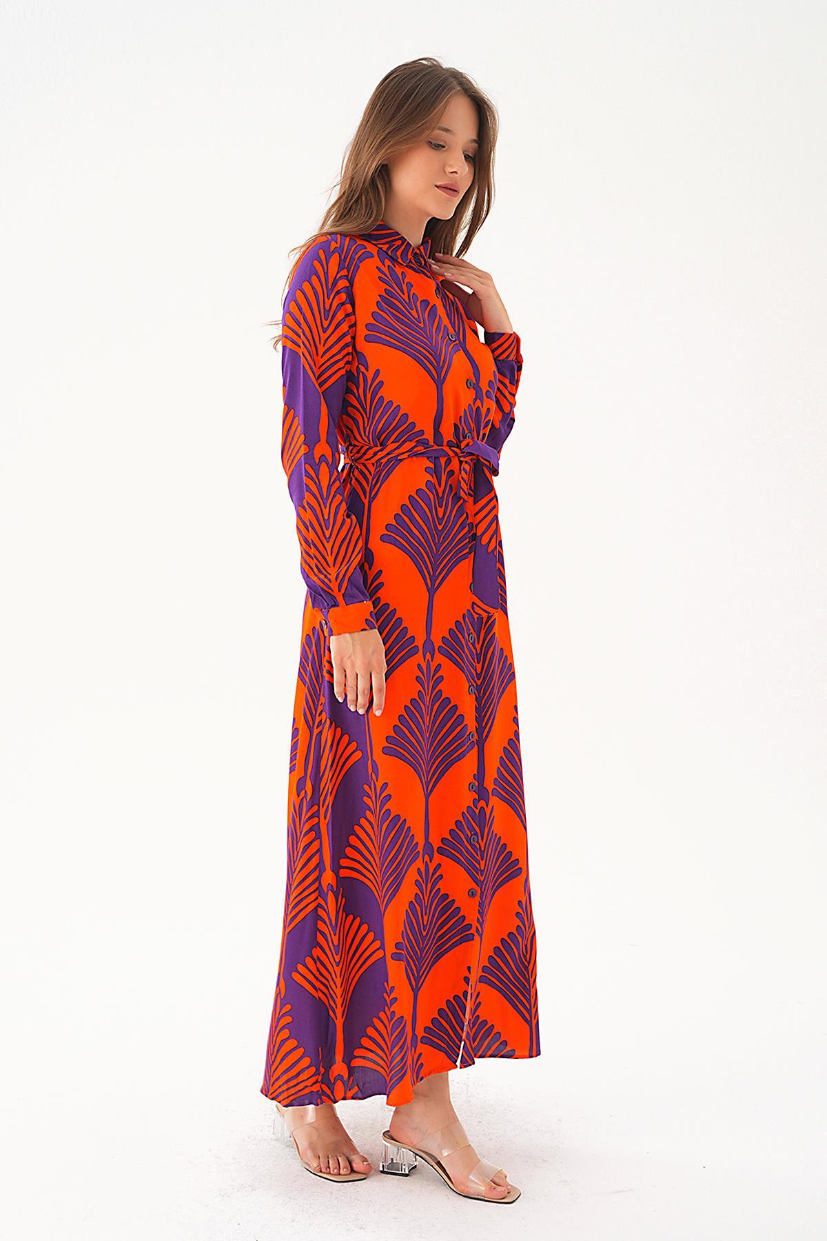Orange-Mor Bel Bağlama Detay Desenli Elbise 2683 - 5