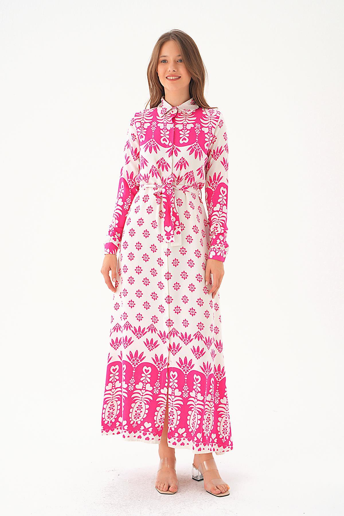 Pembe Bel Bağlama Detay Desenli Elbise 2683 - 1