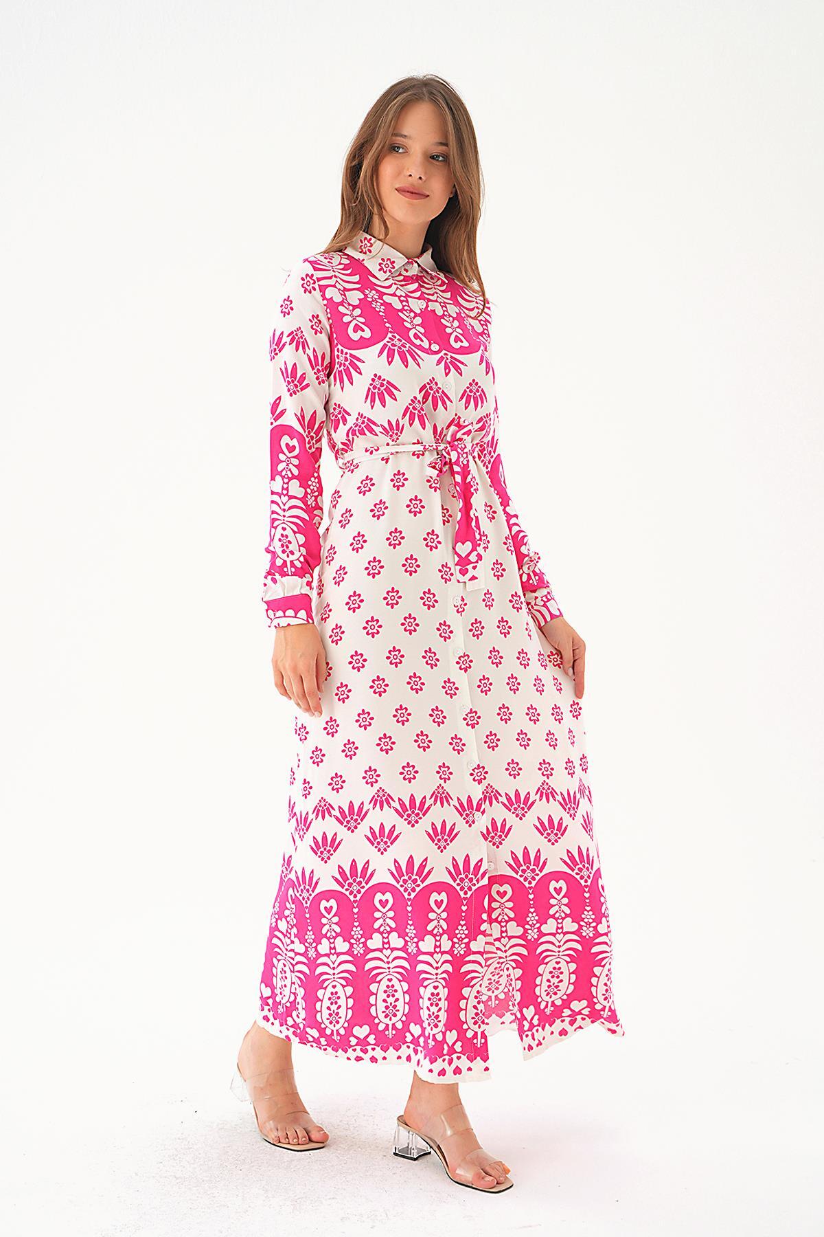 Pembe Bel Bağlama Detay Desenli Elbise 2683 - 2