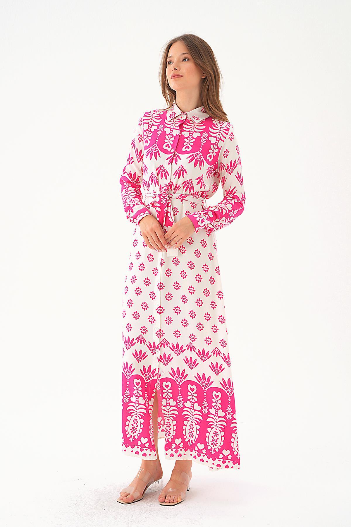 Pembe Bel Bağlama Detay Desenli Elbise 2683 - 3