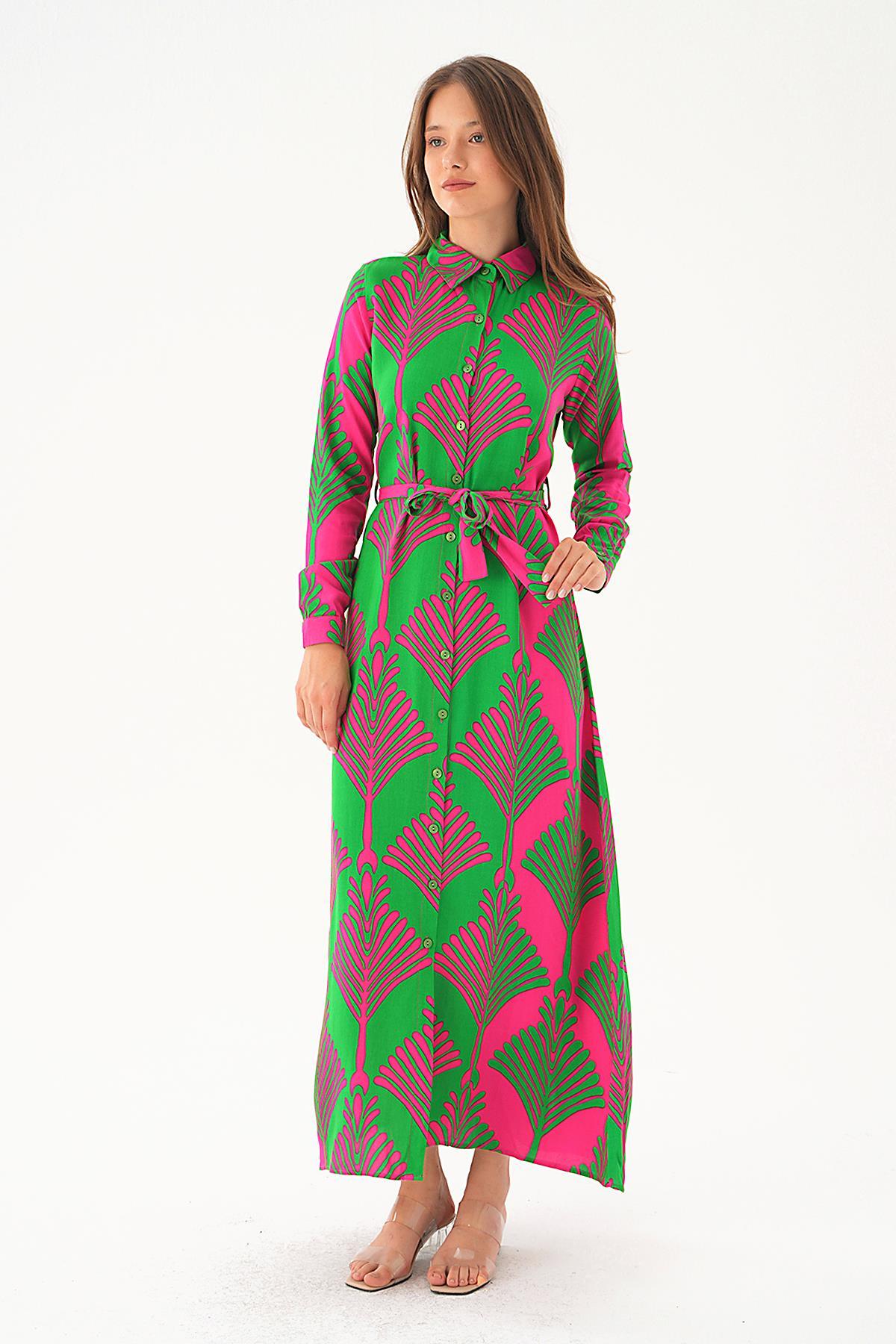 Pembe- Yeşil Bel Bağlama Detay Desenli Elbise 2683 