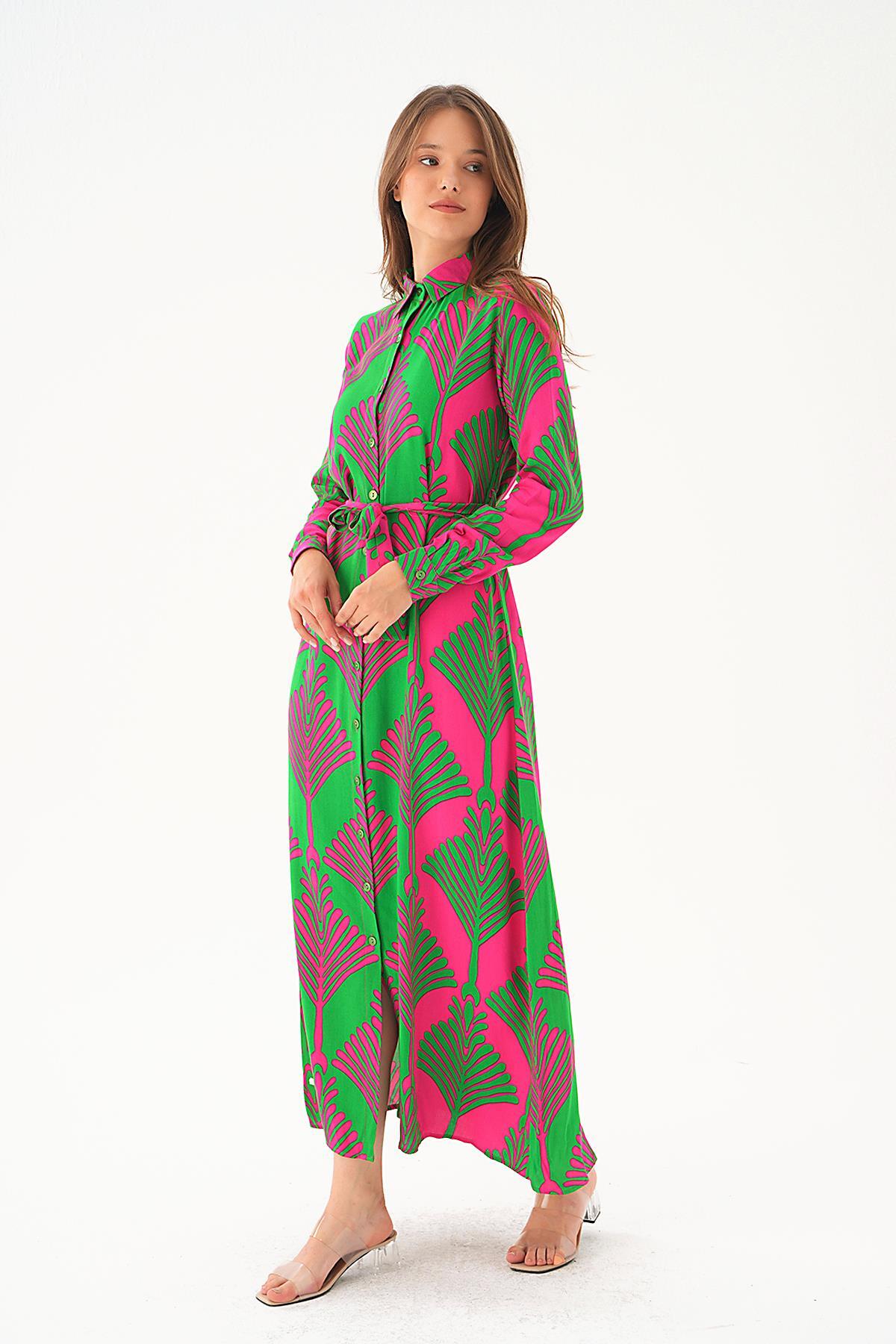 Pembe- Yeşil Bel Bağlama Detay Desenli Elbise 2683 - 2