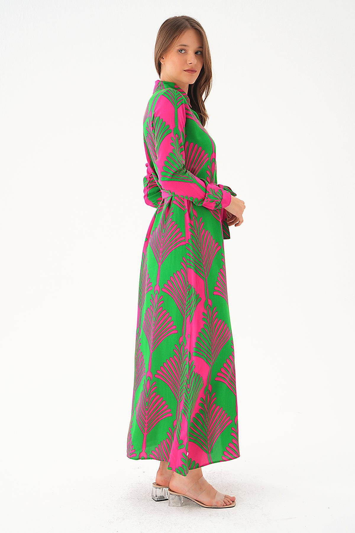 Pembe- Yeşil Bel Bağlama Detay Desenli Elbise 2683 - 3