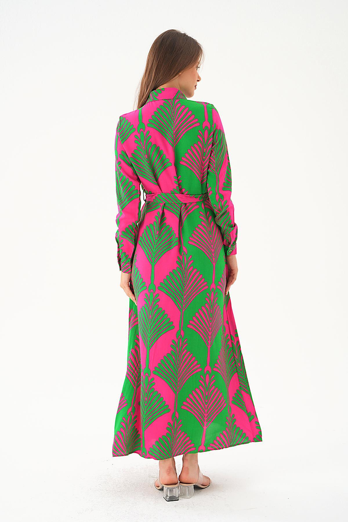 Pembe- Yeşil Bel Bağlama Detay Desenli Elbise 2683 - 4
