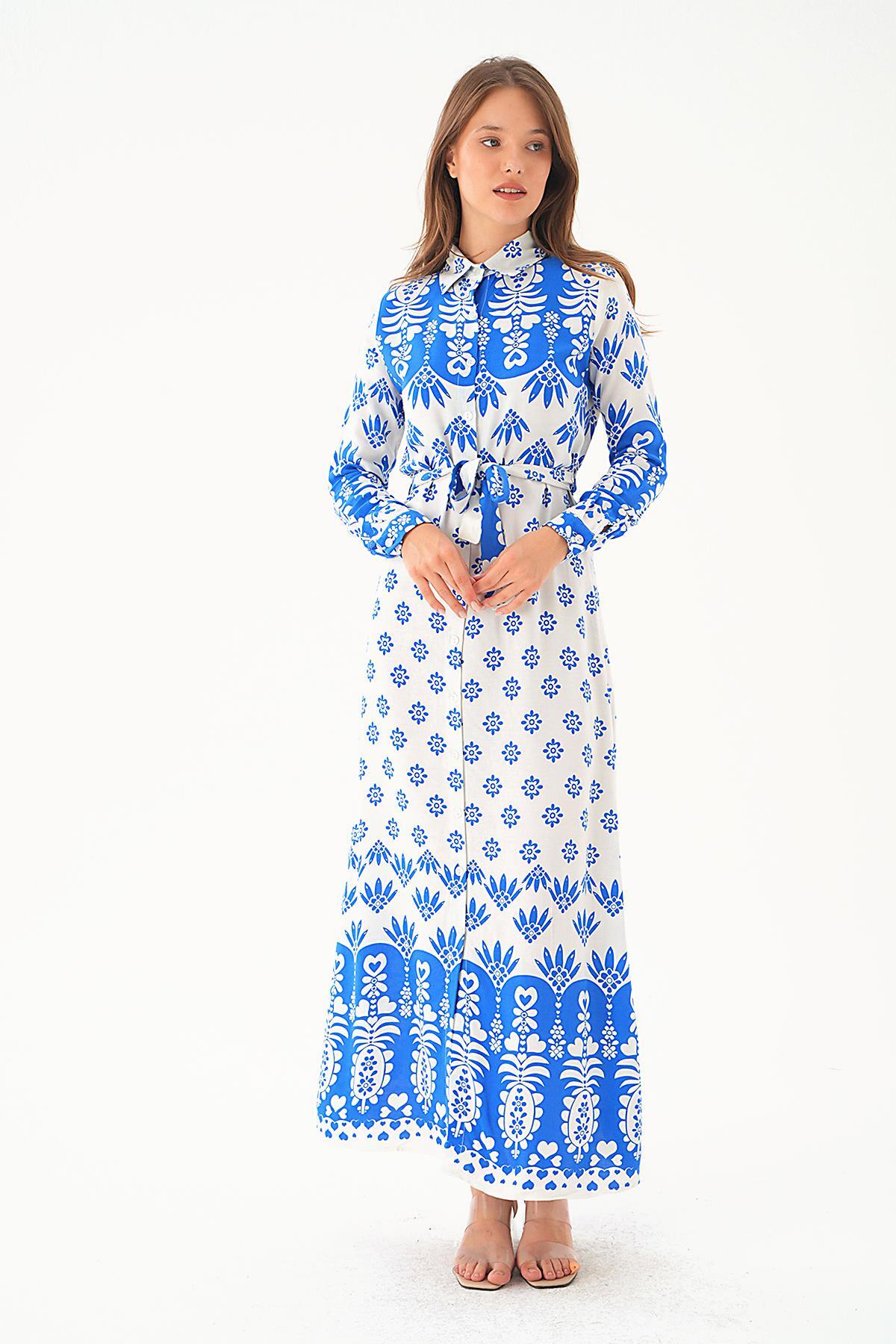 Saks Bel Bağlama Detay Desenli Elbise 2683 - 1