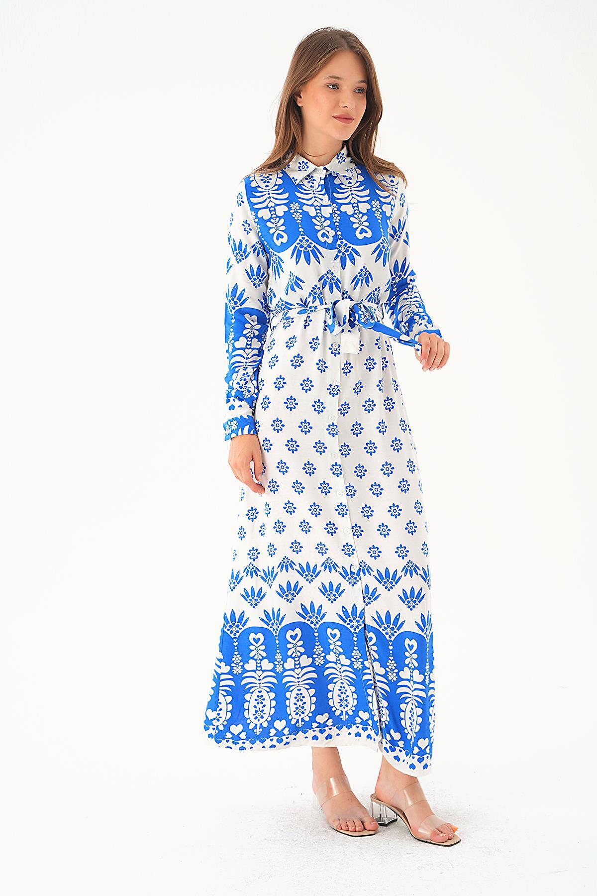 Saks Bel Bağlama Detay Desenli Elbise 2683 - 2