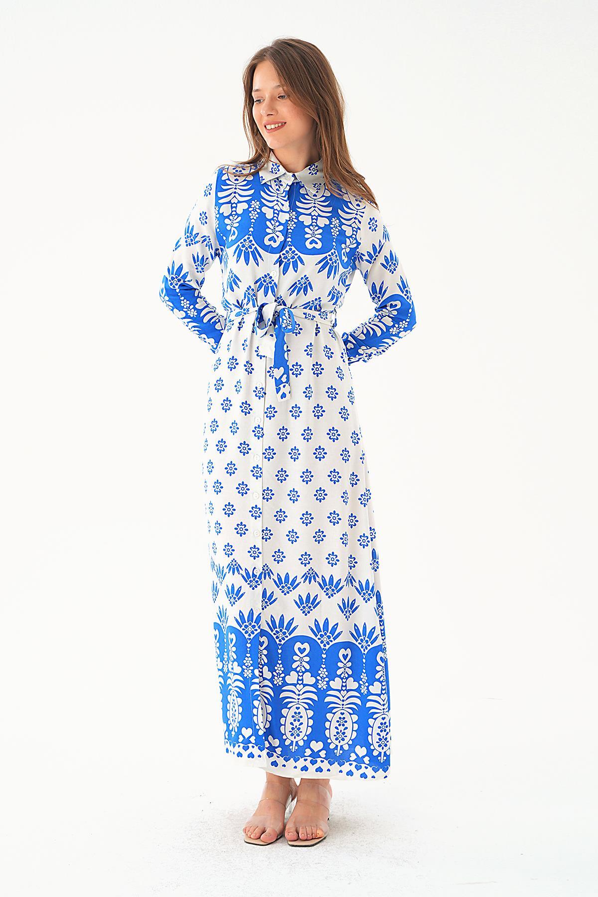 Saks Bel Bağlama Detay Desenli Elbise 2683 - 3