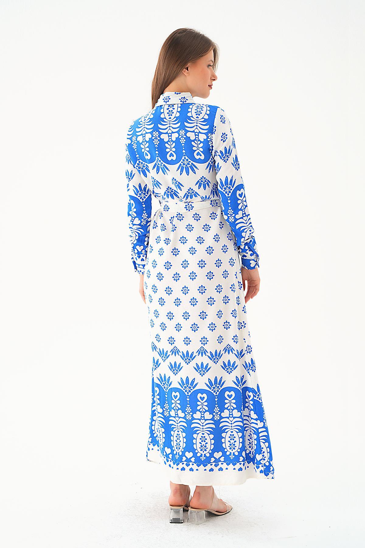 Saks Bel Bağlama Detay Desenli Elbise 2683 - 5