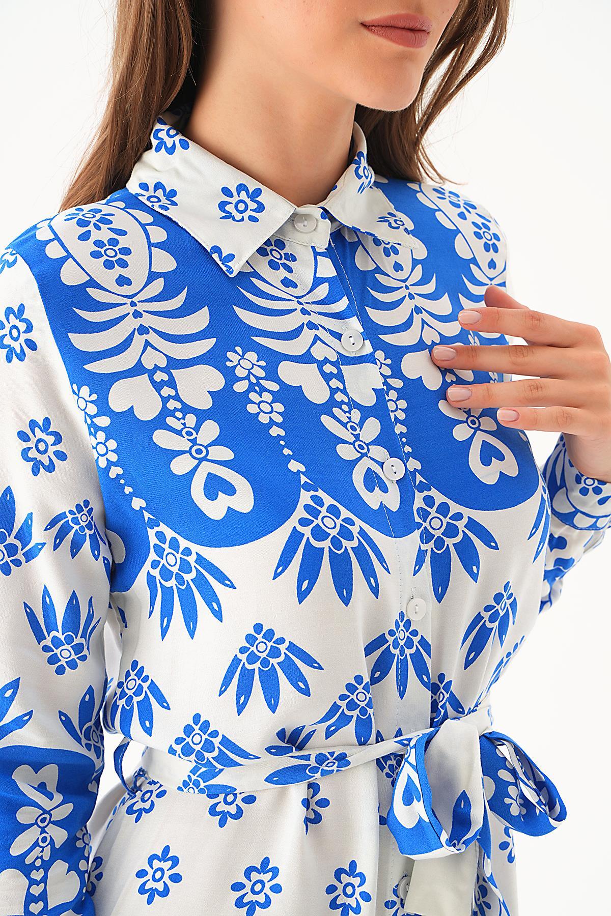 Saks Bel Bağlama Detay Desenli Elbise 2683 - 6