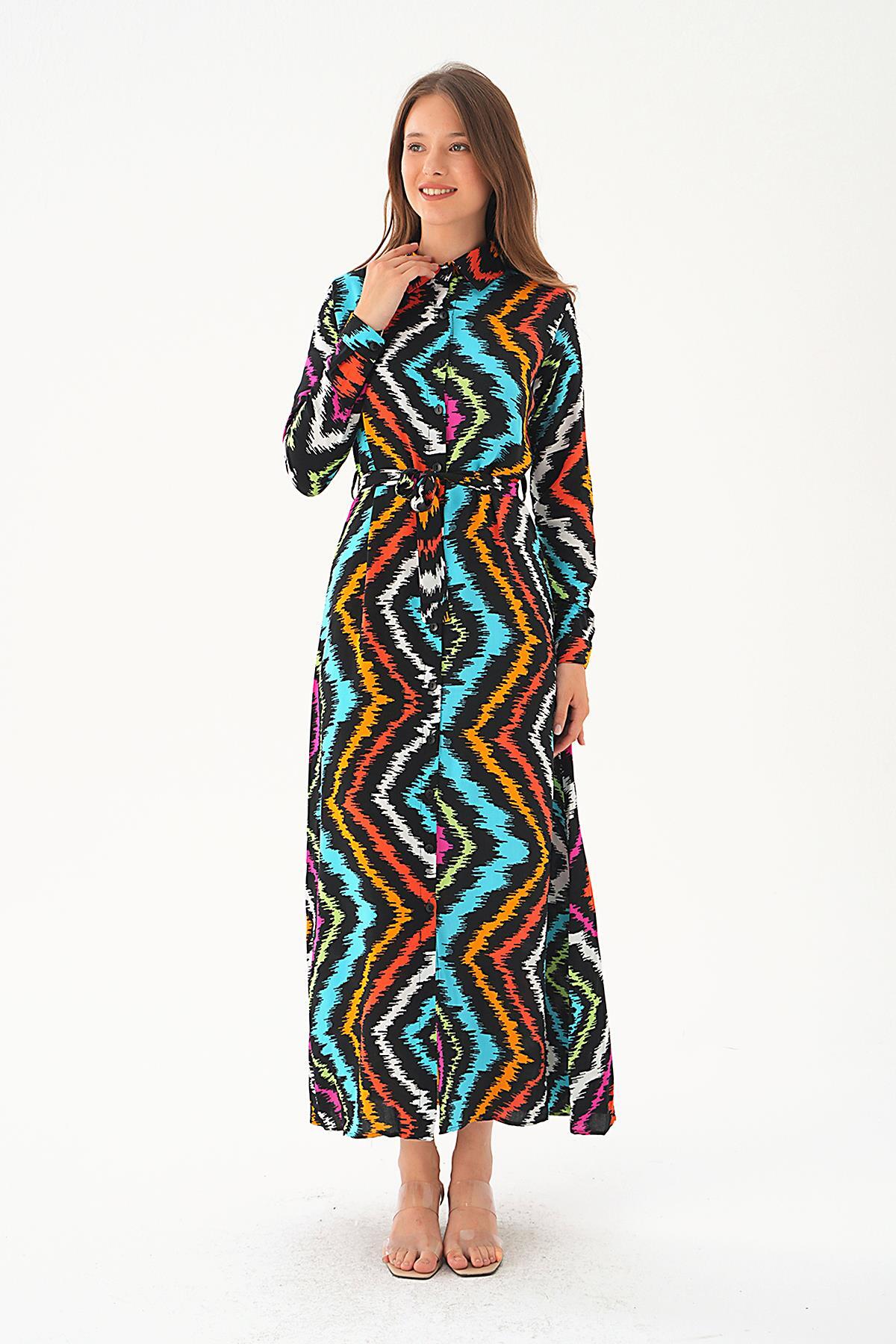 Siyah Bel Bağlama Detay Desenli Elbise 2683 - 2