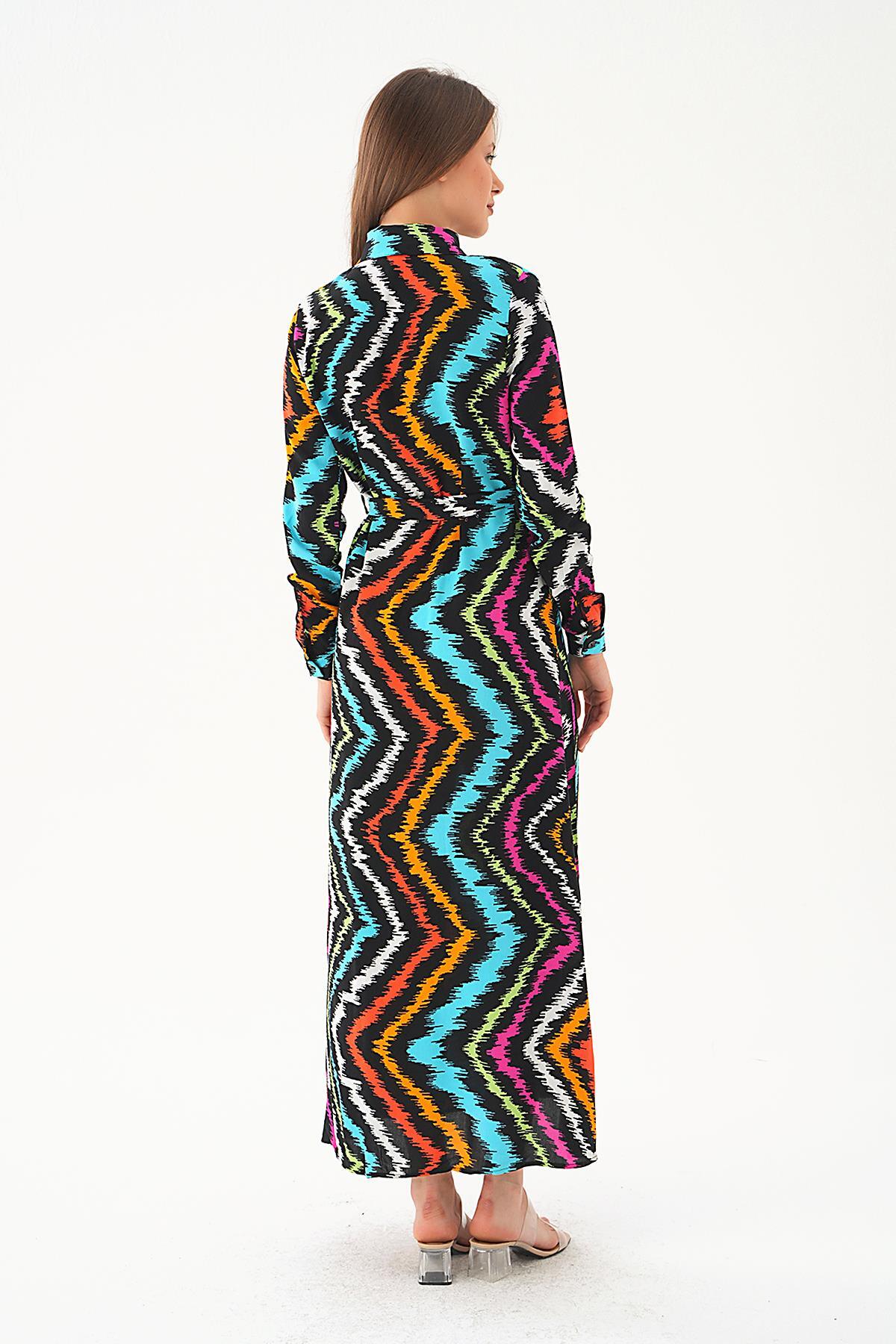 Siyah Bel Bağlama Detay Desenli Elbise 2683 - 5