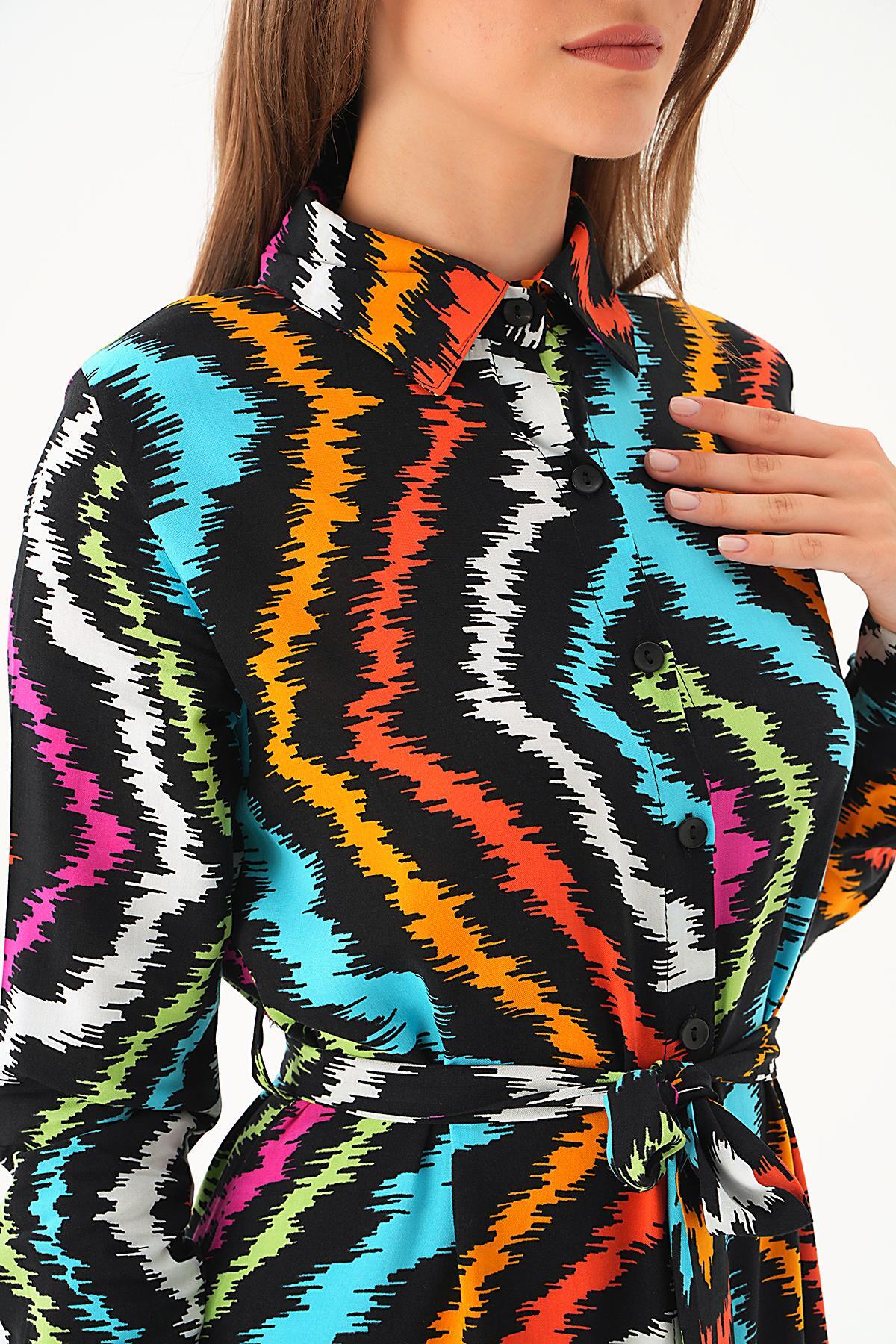 Siyah Bel Bağlama Detay Desenli Elbise 2683 - 6