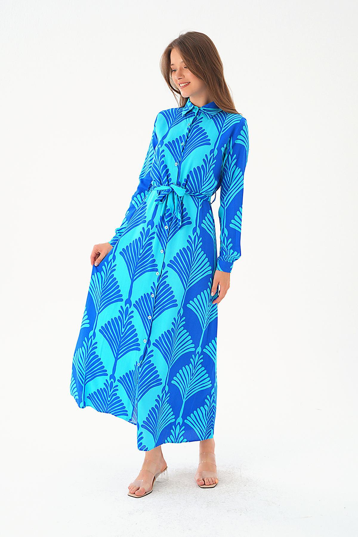 2683 Bel Bağlama Detay Desenli Elbise Turkuaz 