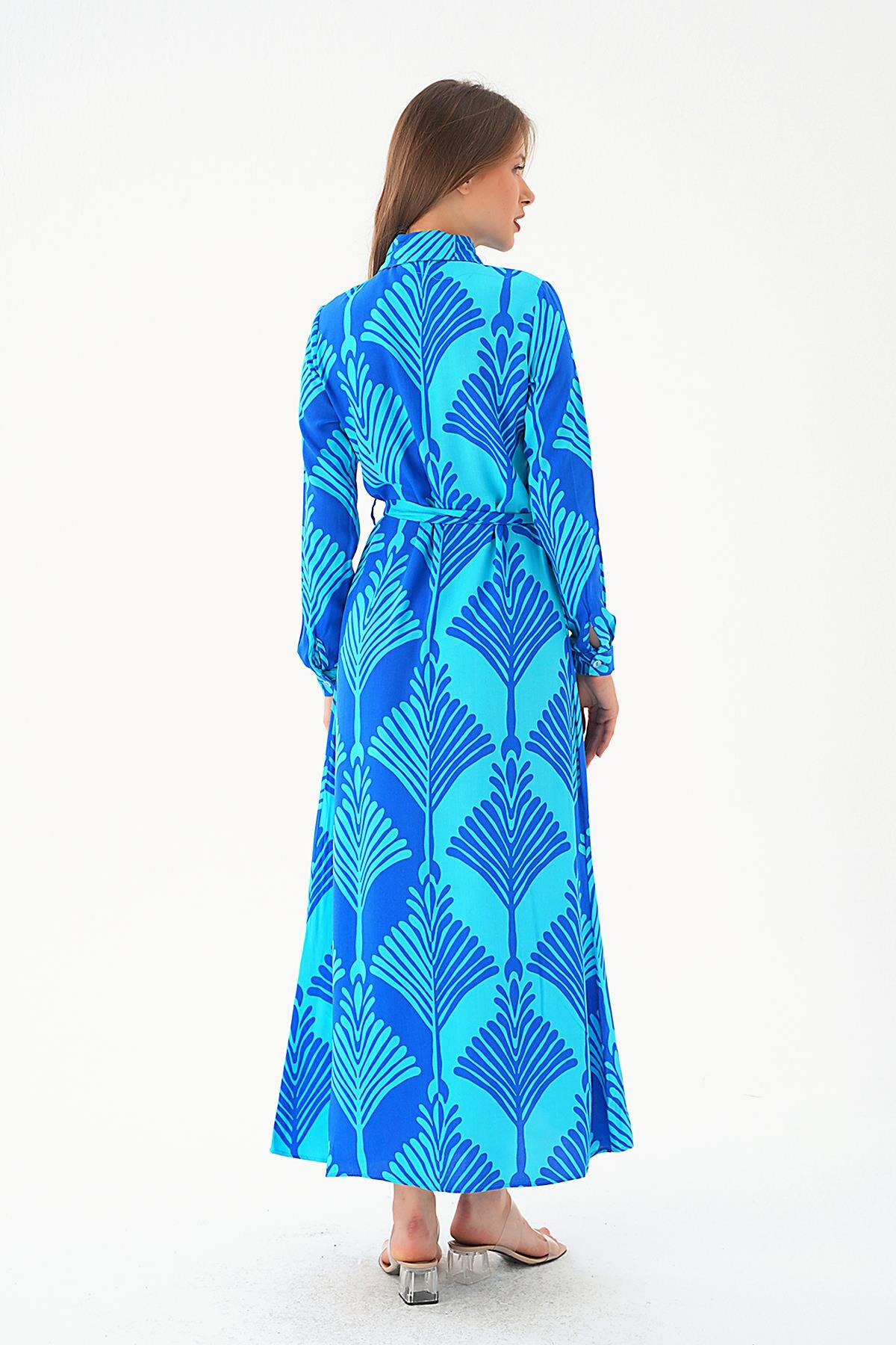 Turkuaz Bel Bağlama Detay Desenli Elbise 2683 - 5